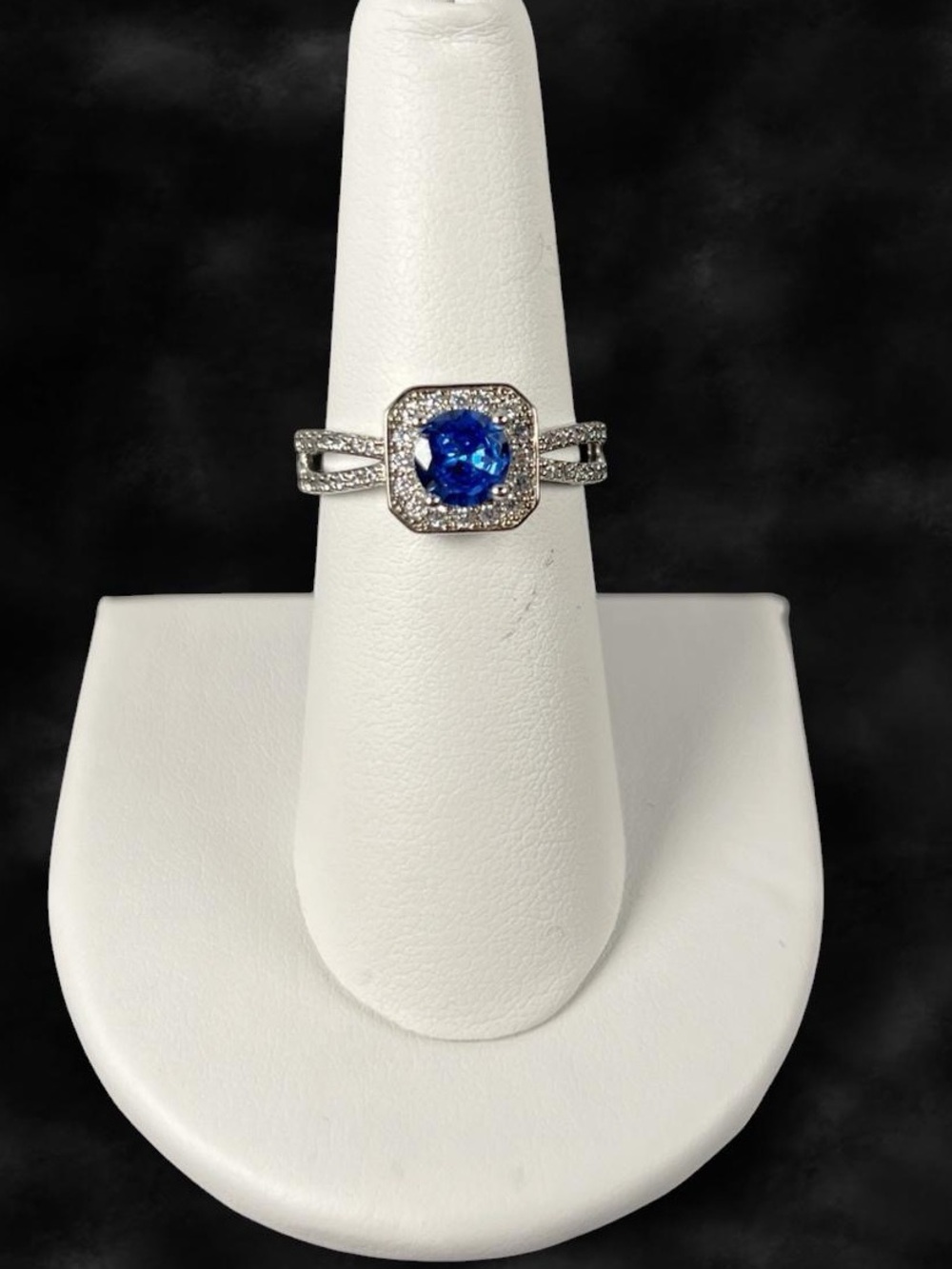 Blue Gemstone Sterling Silver Halo Split Shank Size 7 Adjustable Ring